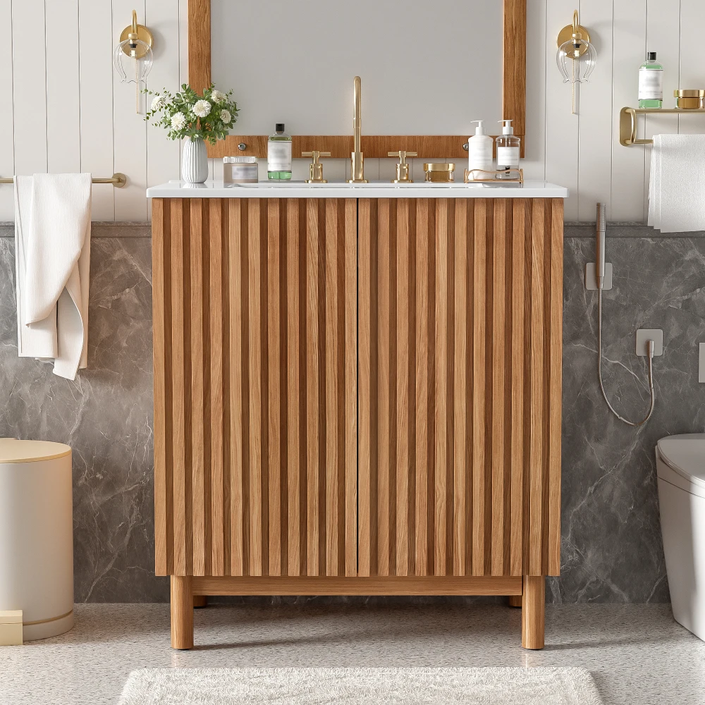

29.9-inch Traditional Bathroom Vanity with Ceramic Sink, Solid Wood Legs, Adjustable Shelf, Soft-Close Doors & Space-Saving Stor