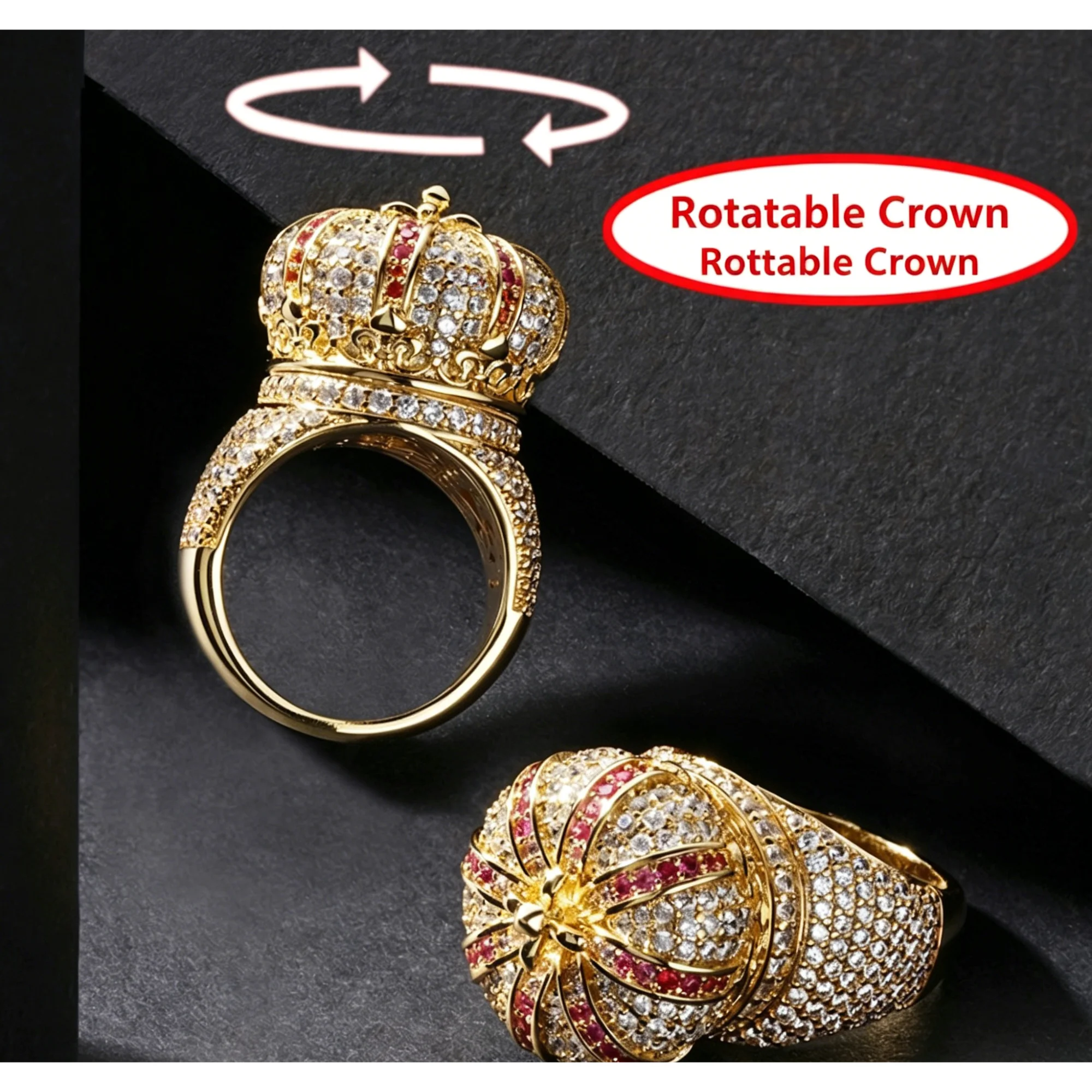 Bling Bling Rotatable Crown Ring Inlaid Cubic Zirconia Unisex Luxury Hip Hop Personality Party Stress Relief Jewelry
