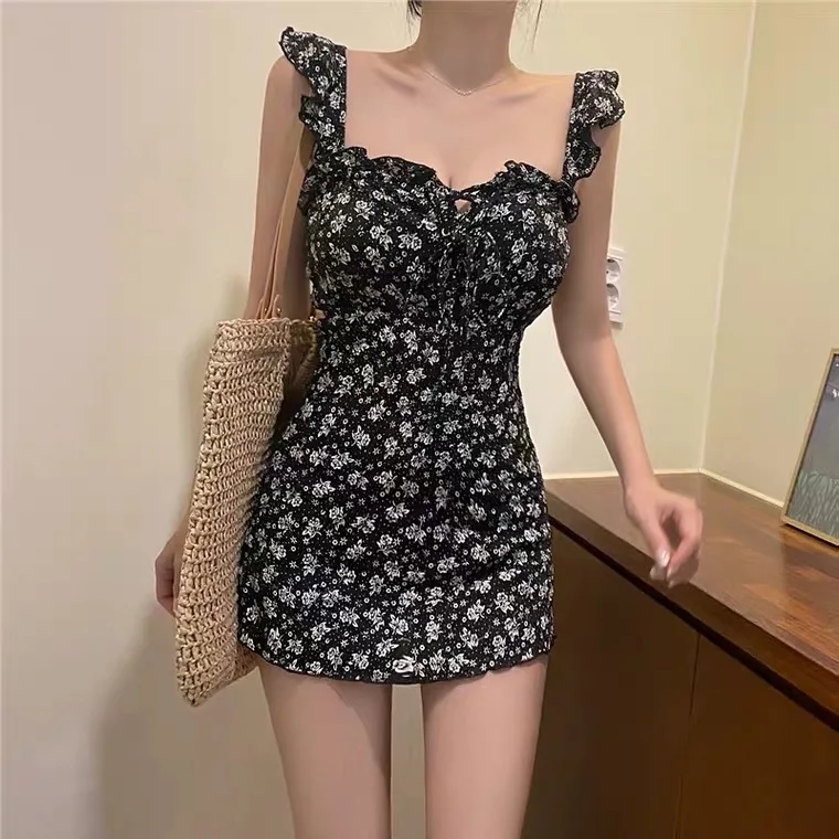 Summer Floral One Piece Swimsuit Women Korean Fashion Sexy Hanging Neck One-shoulder Beach Dress Holiday Swimwear Bathing Suit