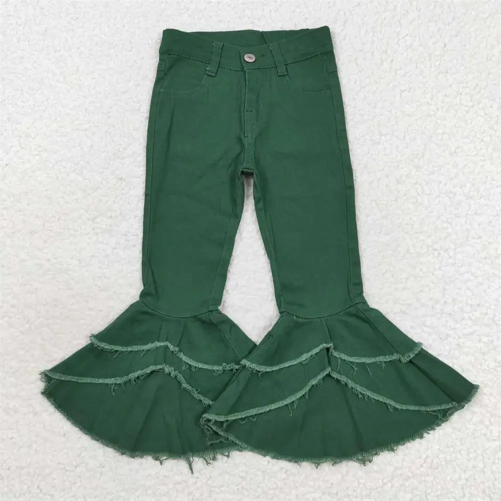 

Wholesale Toddler Zipper Double Ruffle Bell Pants Baby Girl Trousers Clothing Kids Infant Pocket Children Green Denim Jeans