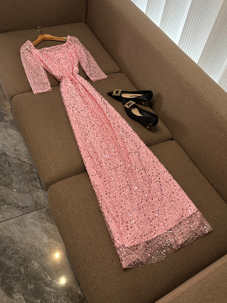 Robe de soirée longue, asymétrique épaule dénudée, broderie lourde, jupe en filet à paillettes, taille moyenne, t-shirt Sve régulier en Fiber d'acétate, nouvelle collection 2025