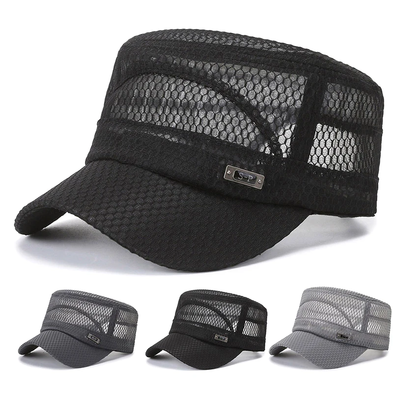 Novo Boné Masculino de Verão com Tela, Aba Reta, Ajustável, Estilo Cadete, Respirável, Tipo Trucker
