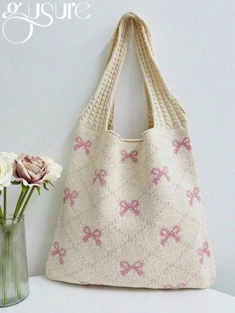 

Cream Knitted Tote Bag with Pink Bow Pattern, Large Capacity Casual Shoulder Bag