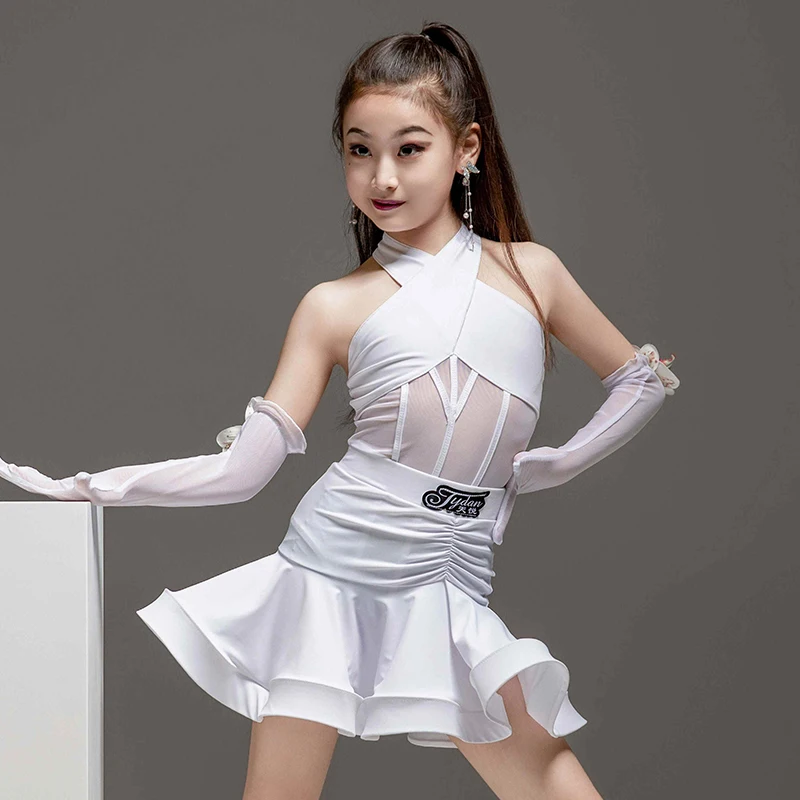 2023 New Girls Latin Dance Competition Dress White Suit Halter Neck Performance Costume Kids Rumba Ballroom Dance Dress DNV17811