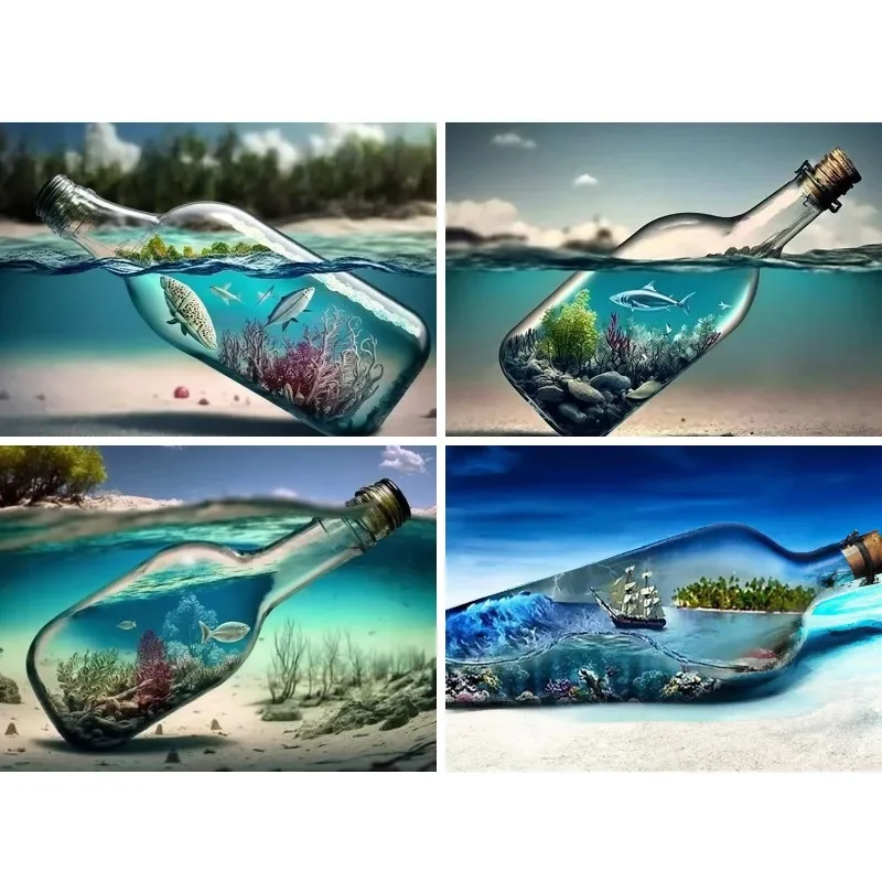 Pintura de diamante 5D Vision in A Bottle, pintura con diamantes DIY, paisaje marino de Arte de diamante, diamantes de imitación de taladro completo para decoración de la pared del hogar