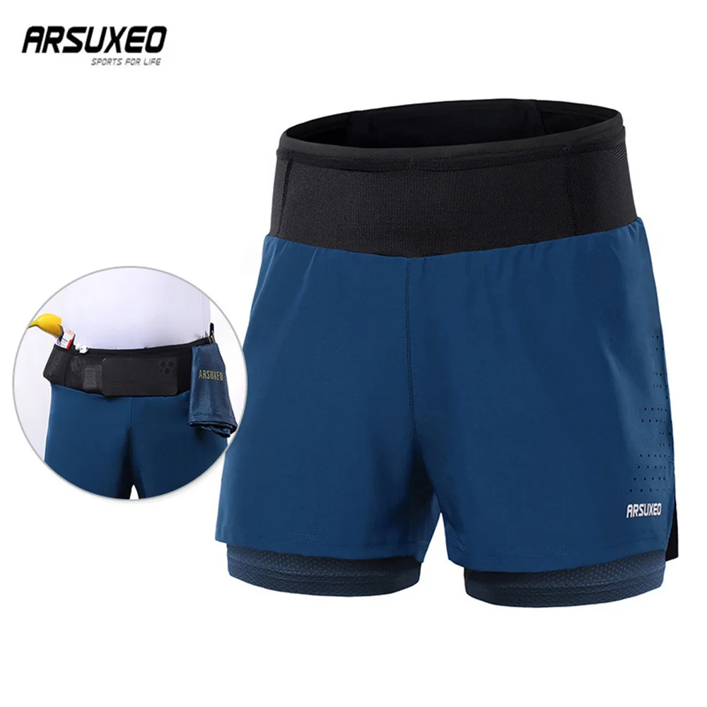 ARSUXEO Men Running Outdoor Sports Jogging Short Pants Gym Training Fiess Exercise 2 In 1 Shorts Breathable Quick Dry