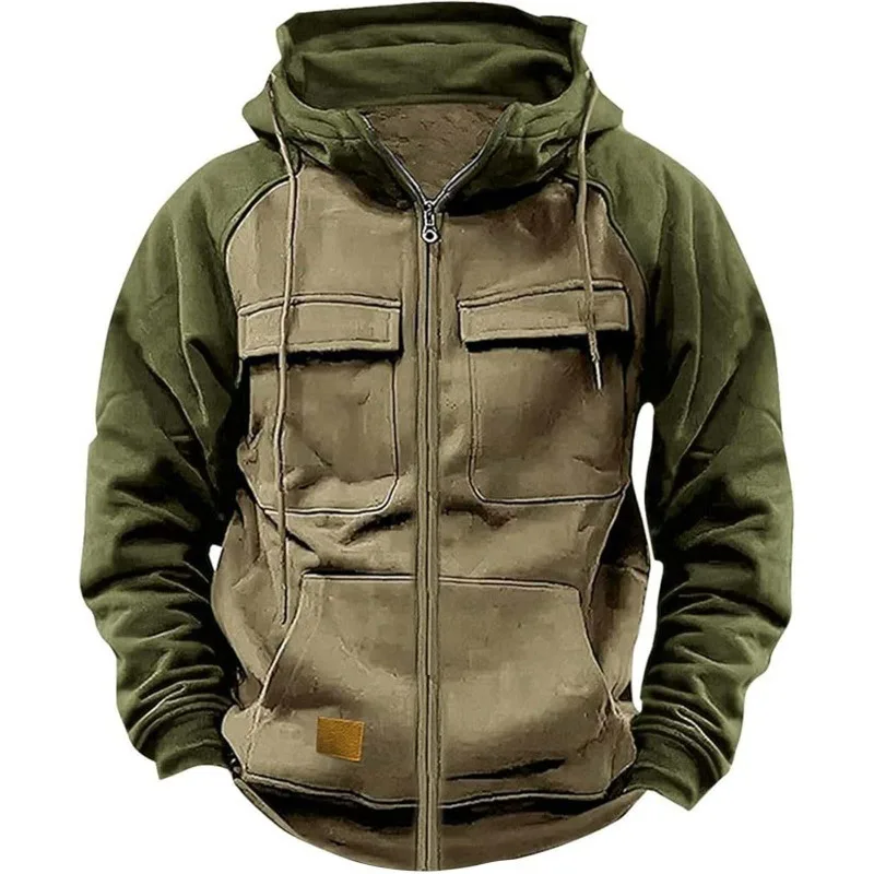 KIDWHXR Herbst Herren Sweatshirts Kontrastfarbener Reißverschluss Kapuzenjacke für Männer Outdoor Sport Lässige Lose Langarm Herren Oberbekleidung – Detail 2