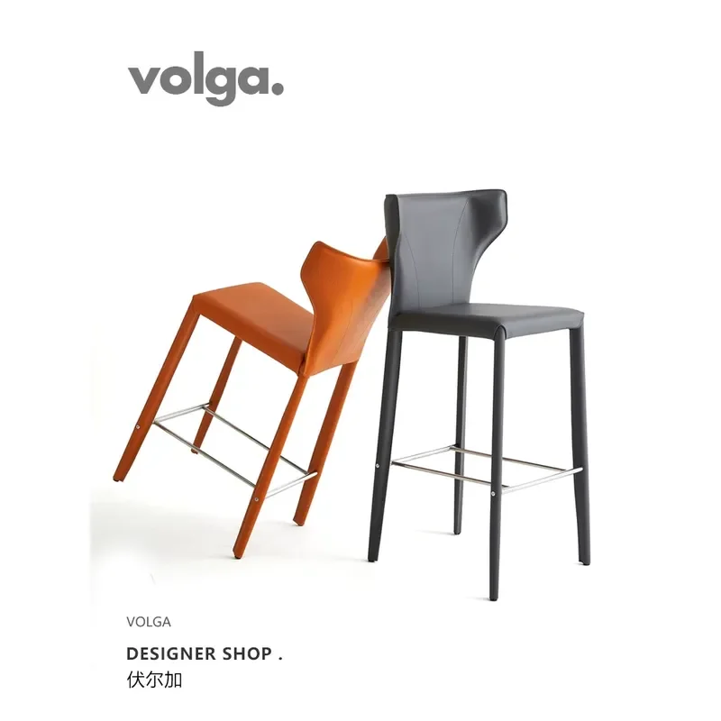 Volga | Simple Modern High Chair Home Bar Chair Designer Bar Chair Saddle Leather Backrest High Stool