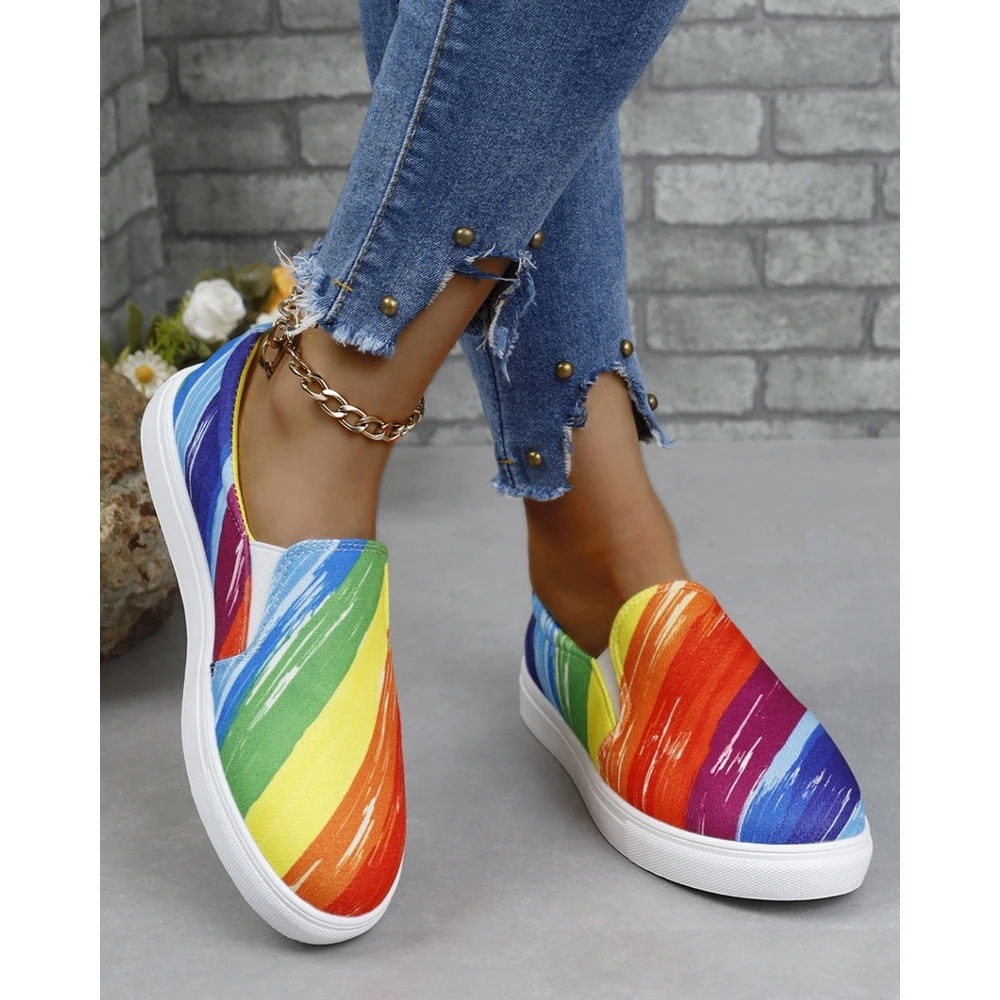 Women Rainbow Print Slip-on Flats Sneakers Spring Autumn Round Toe Platform Sports Casual Shoes Going Out Korean Style