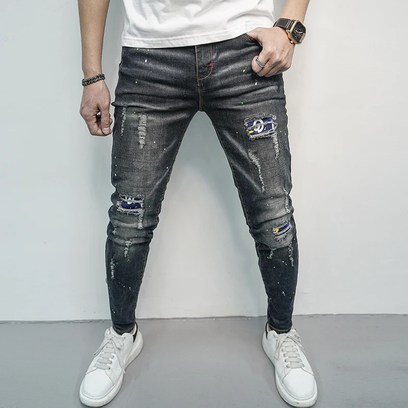 

Black gray jeans men's slim fit hole patch paint printing design street cool casual tappered motorcycle pants