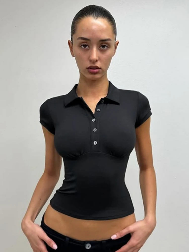 

Turn-down Collar T Shirts For Women Streetwear Short Sleeve Crop Top Y2k Clothes Buttons Tshirt Solid Camisetas Slim Ropa Mujer
