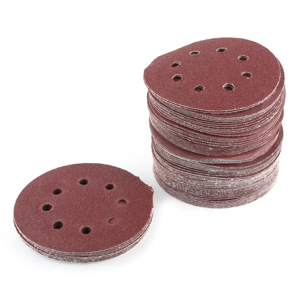 100pcs Alumina Polishing Sandpaper Discs 5 Inch Diameter 60 80 100 120 240 Grit Round Sanding Discs 8 Holes Dust Extraction