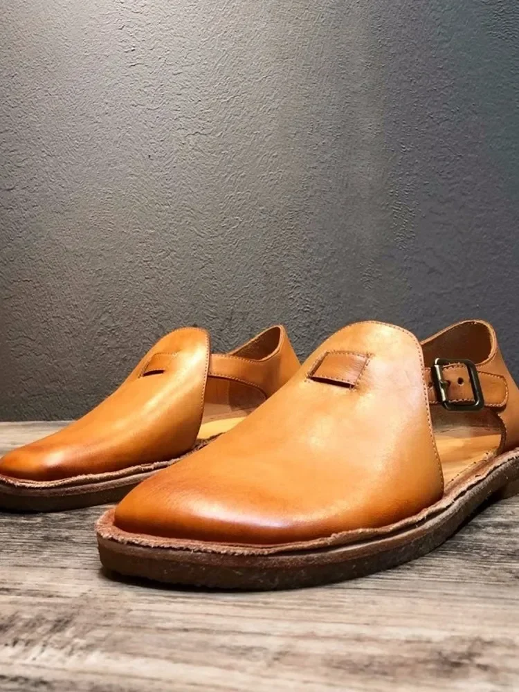 Sandales gladiateur en cuir de vachette véritable pour hommes, chaussures d'été vintage faites à la main, chaussures plates confortables, sandales de plage