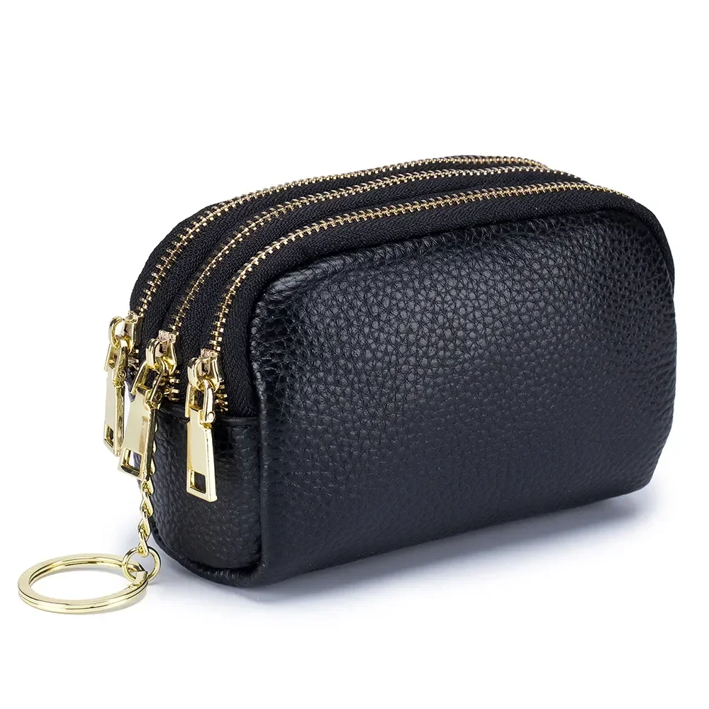 

MJ Genuine Leather Coin Purses Three Zipper Women Short Clutch Wallets High Quality Card Holder Wallet Keychain Mini Money Purse