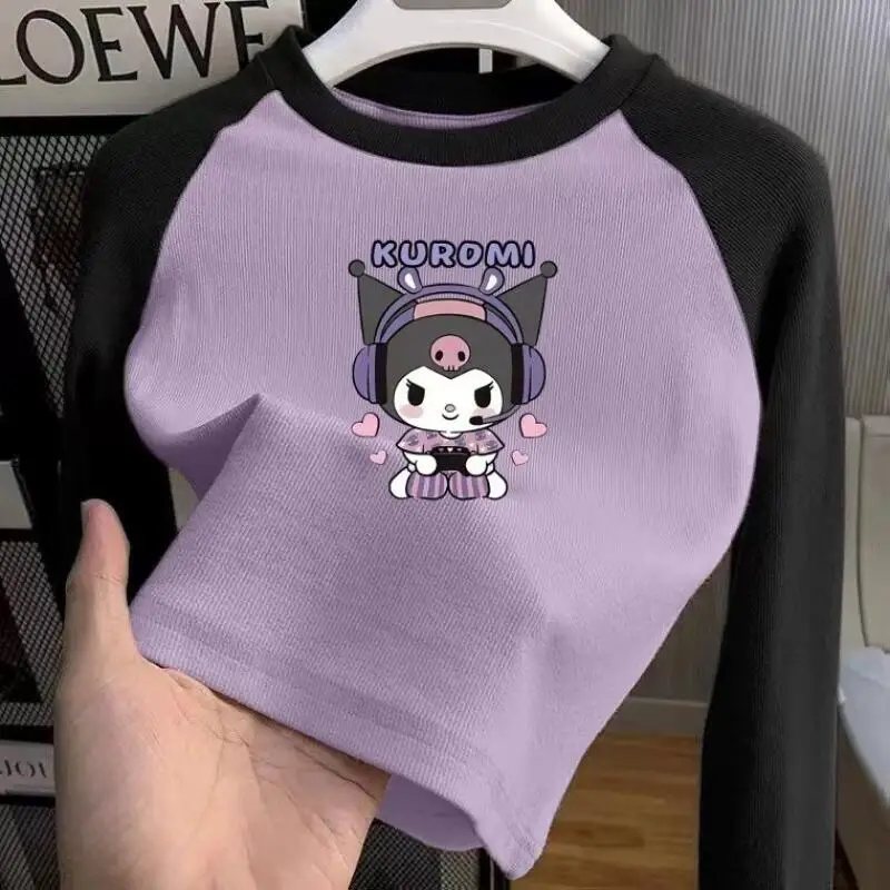 

Sanrio, новый стиль, рубашка с длинными рукавами и круглым вырезом «Hello Kitty», цветная рубашка с мультяшным принтом, модная повседневная модная универсальная одежда