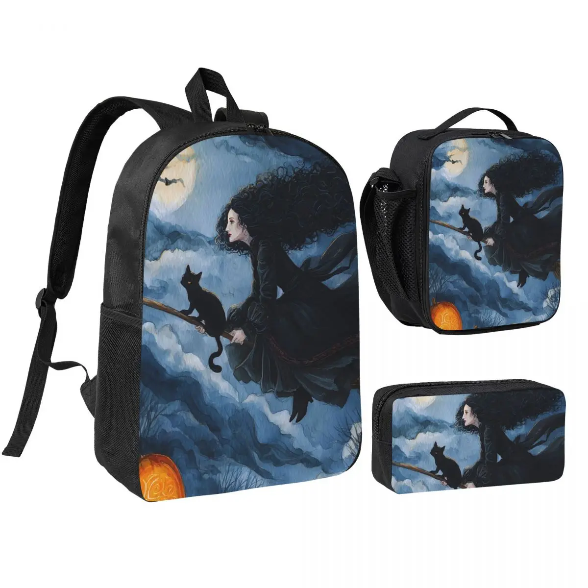 Witch And Cat Fly On Sky Backpack Student BookBag School Bag Shoulder Bags 3ps Insulated Lunch Bag Pencil Case