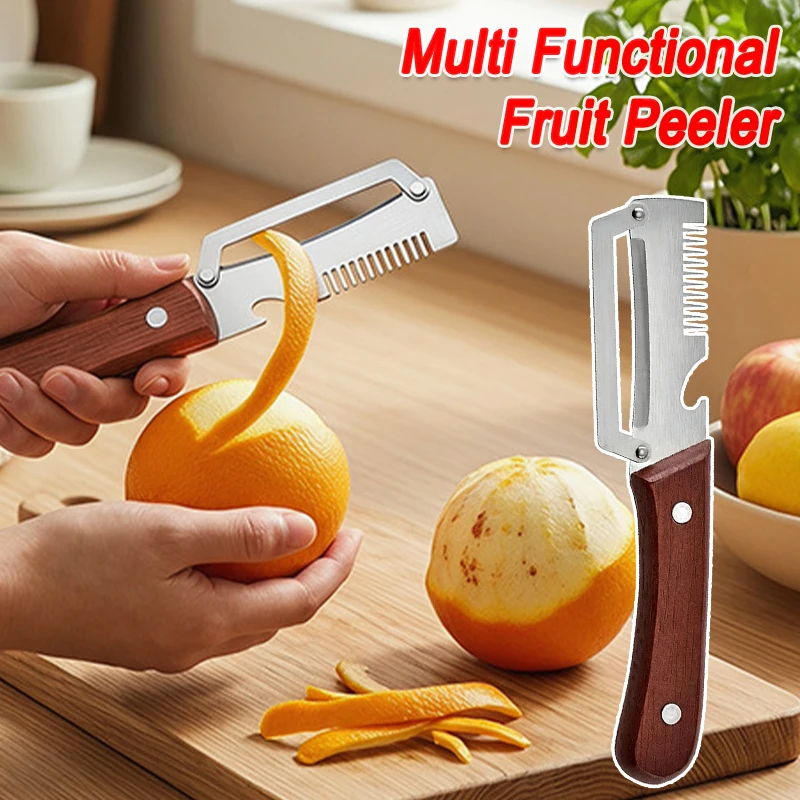 3-in-1 Serrated Peeling Knife  Premium Vegetable Peeler With Wooden Handle And Bottle Opener Kitchen Tool Smooth Operation