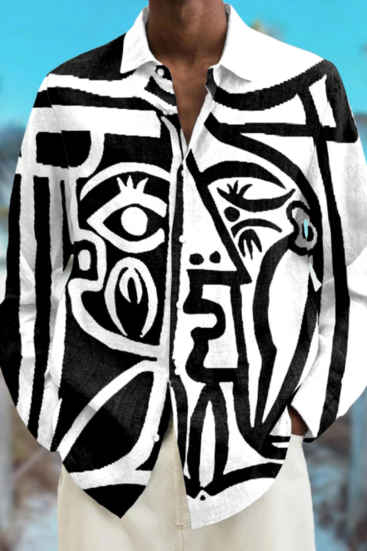 2025 Fashion Abstract 3D Printed Long Sleeve Shirts Simple Black And White Color Scheme men's Tops Casual Lapel Button Up Shirt