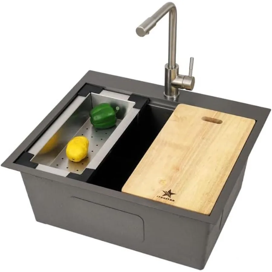 

Атласная матовая кухонная мойка из нержавеющей стали 304, одна чаша с сетчатым дуршлаг, разделочная доска, сито для рабочей станции, встраиваемая установка