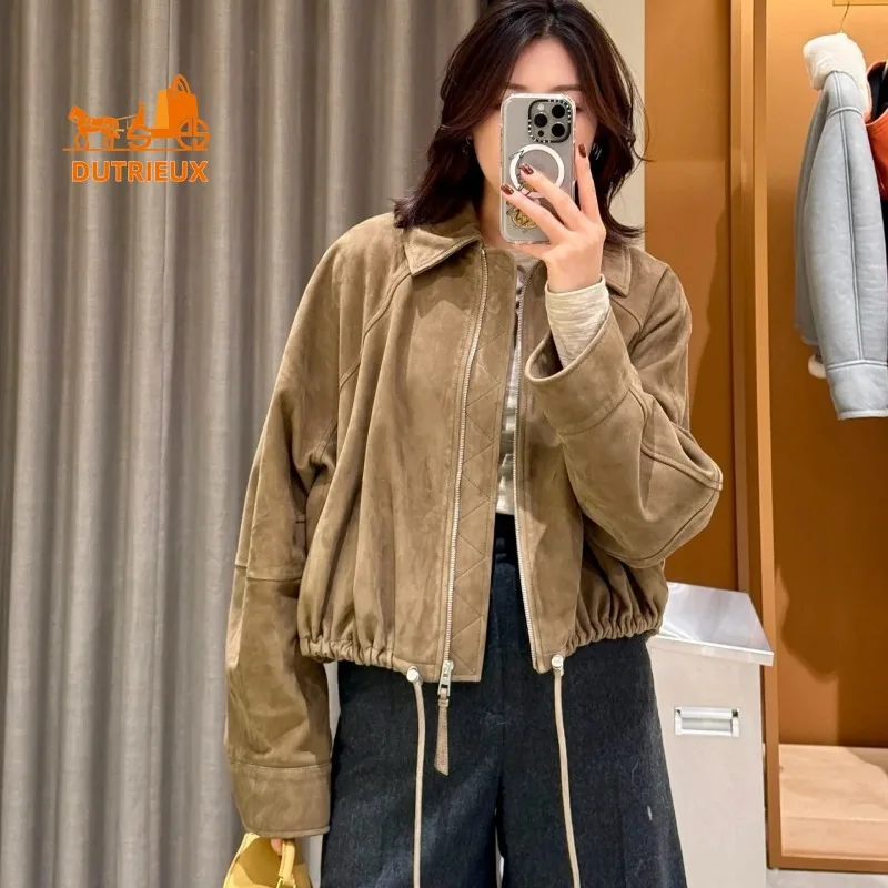 Winter Suede Leather Jacket Overzise Hem Leather Drawstring Design, 100% Goatskin Fabric Heavy Thick Women's Leather Jacket