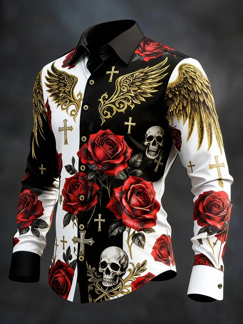 Men's Long Sleeve Lapel Shirt 3D Floral Skull Print Cross Pattern Fashionable Comfortable Casual plus Size