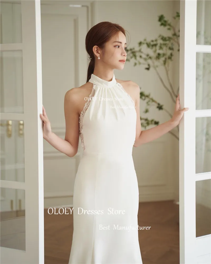 OLOEY High Neck Mermaid Korea Wedding Dresses Photoshoot Soft Satin Backless Sexy Bridal Gowns Elegant Custom Made