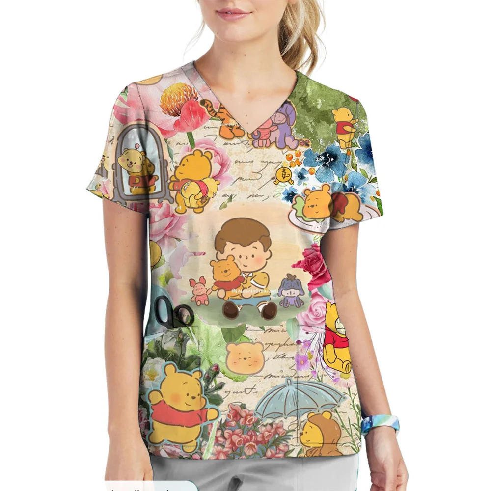 Clinic Hospital Nurse Working Uniform Disney Winnie the Pooh T-shirt Womens V-Neck Pocket Medical Uniforms Nursing Tops Working