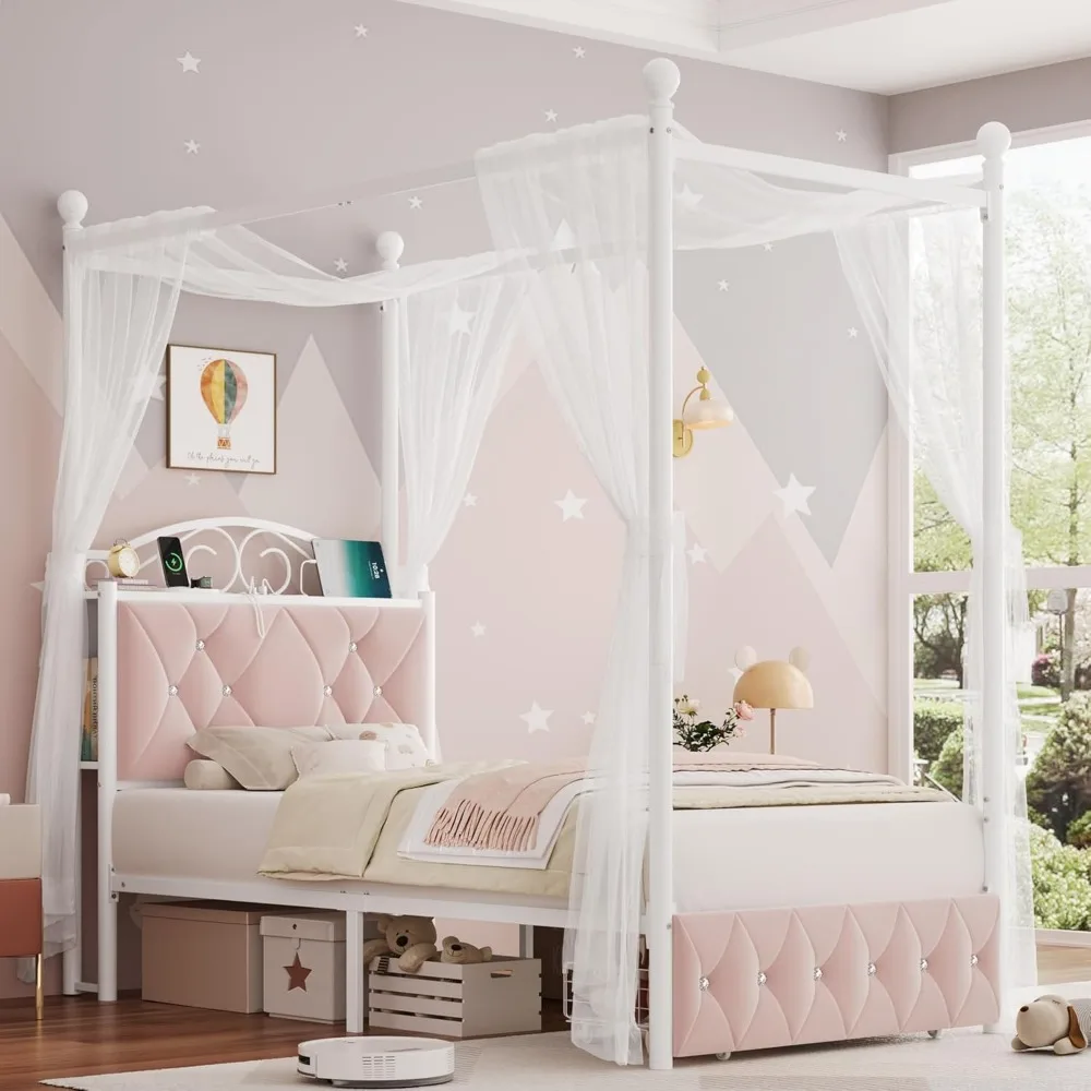 Twin Upholstered Canopy Bed Frame with Drawer & Crystal Tufted Storage Headboard Two-Purpose Metal Platform Bed with 4 Removable