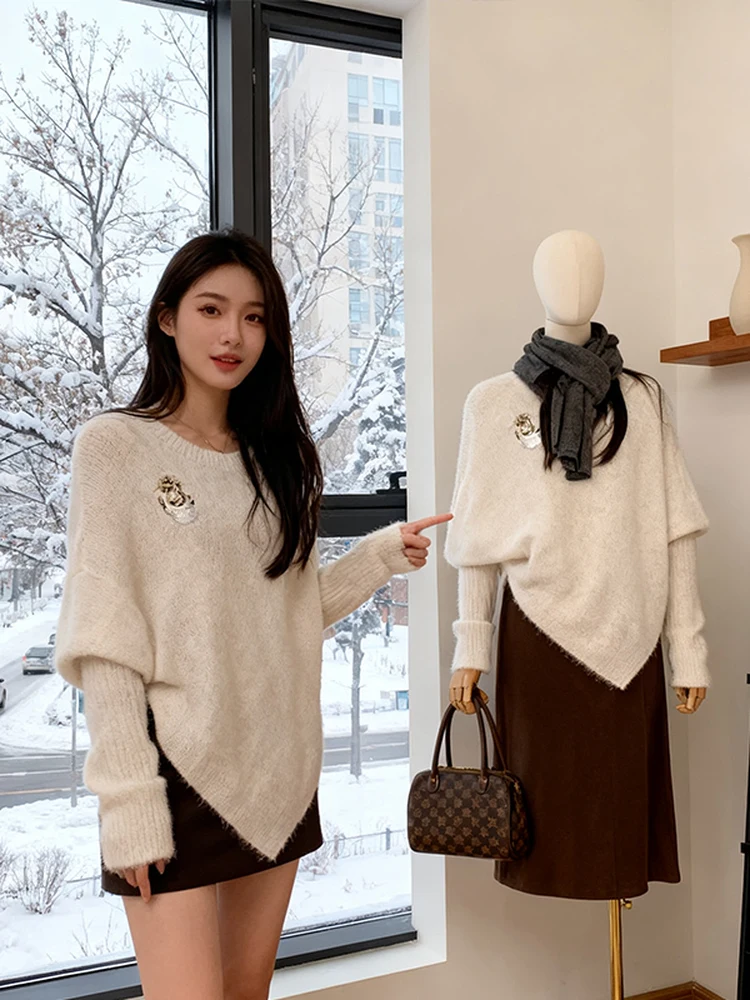 

Korean Sle Women's Loose Fit Knitwear And ort Skirt Two-Piece Set Autumn Winter Faion Slimming Gentle Sle Vintage Feel