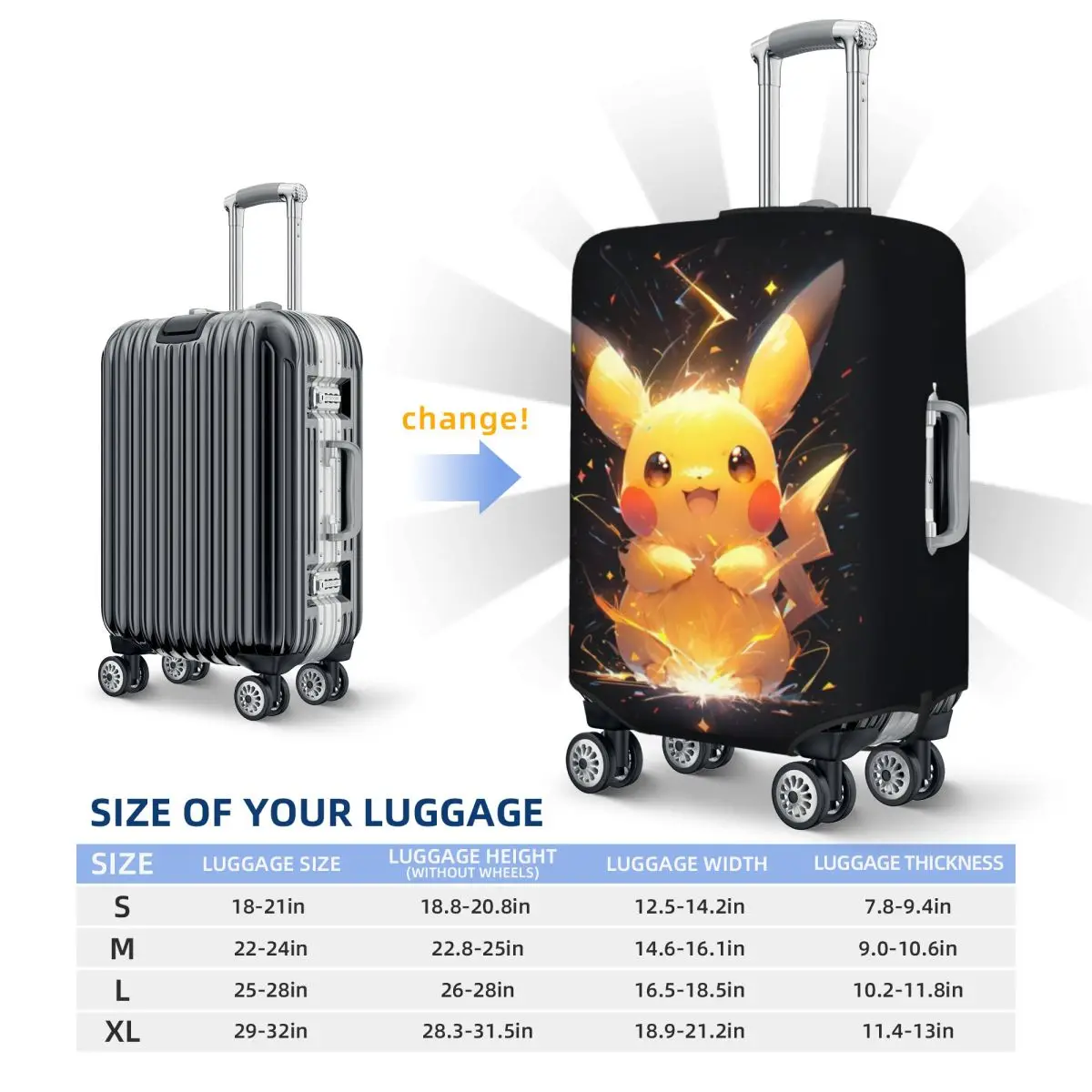 Capa elástica para mala de viagem personalizada Bikachus Cartoon para 18-32 polegadas