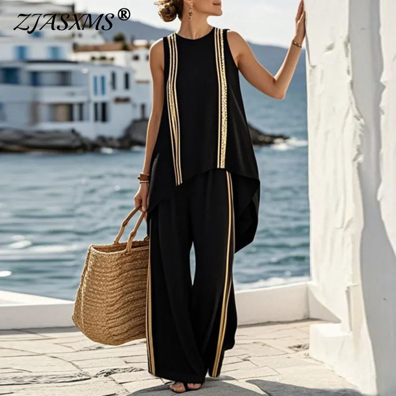 

Праздничный пляжный наряд в стиле ретро с контрастным полосатым принтом, женский элегантный топ с круглым вырезом и длинные брюки, новый летний костюм без рукавов