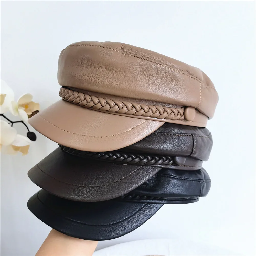 

New men and women's British retro light luxury twist buckle soft leather flat top hat fashion foreign style PU newsboy hat