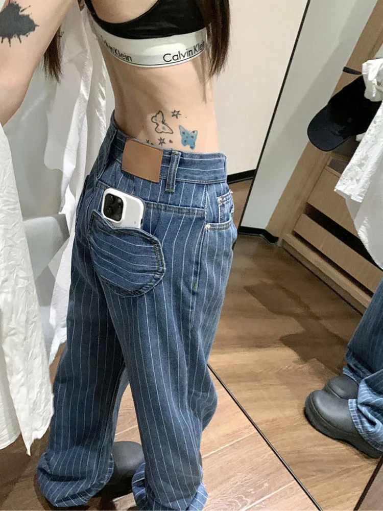 

Blue Stripe Jeans Women Baggy stylish High Waist Spring Fall Casual Street All-match Chic Design Ulzzang Female Mopping Trousers