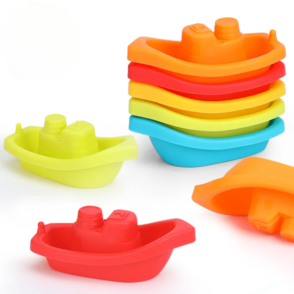 Baby Bath Toys Stacking Boat Toys Colorful Early Education Intelligence Gift Boat-shaped Stacked Cup Folding Tower Kids Toys