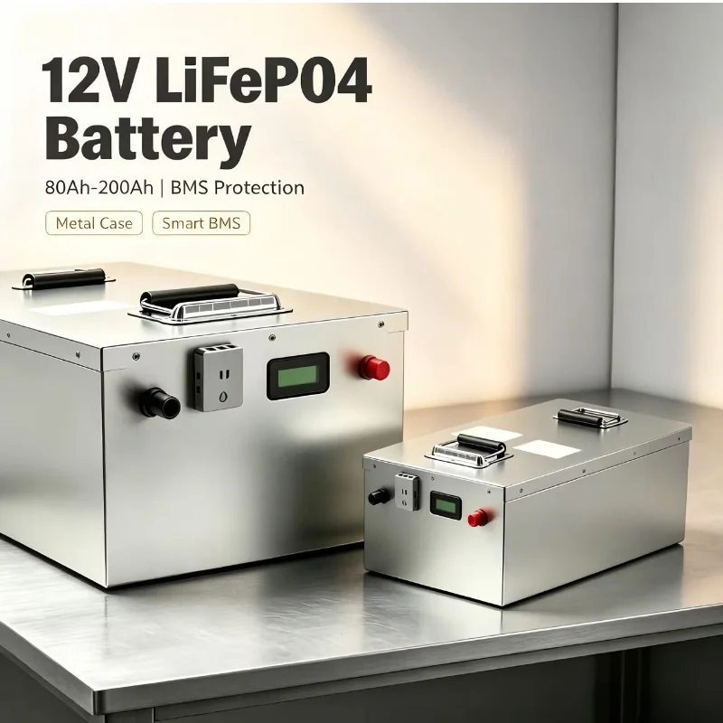 12V LiFePO4 Rechargeable Storage Pack 80Ah‑200Ah, Metal Shell With Integrated BMS for Off‑Grid Solar Applications