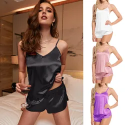 Sexy Women'S Pajamas Satin Lace Silk Suspender V-Neck Tops Shorts Robe Pajamas Set Nightgown Underwear Nightdress Suit