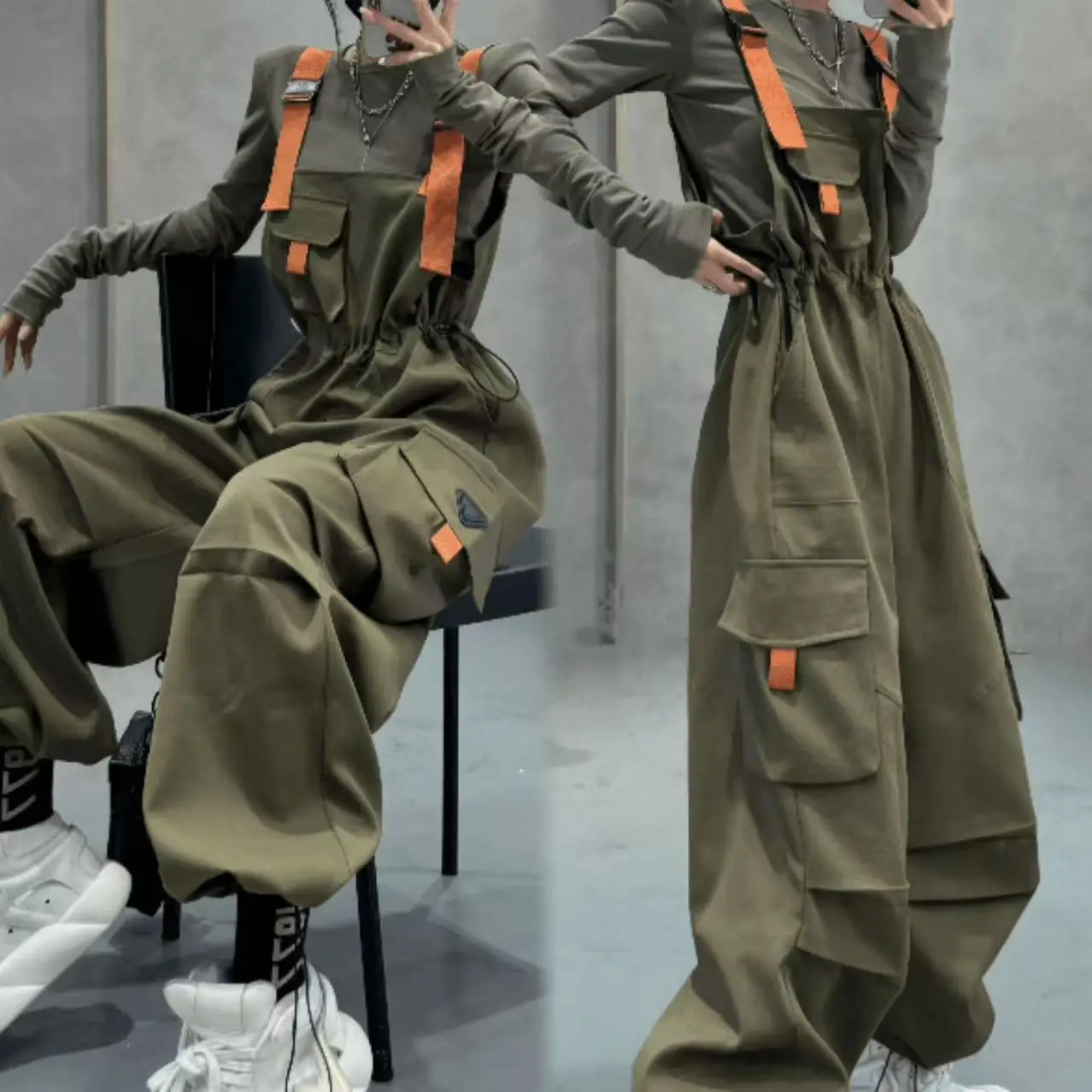 ผู้หญิงสีดํา Patchwork Casual หลวม Workwear Jumpsuit ฤดูร้อนสีเขียวเอวสูงสายรัดยาวกางเกงแนวโน้มแฟชั่น Streetwear