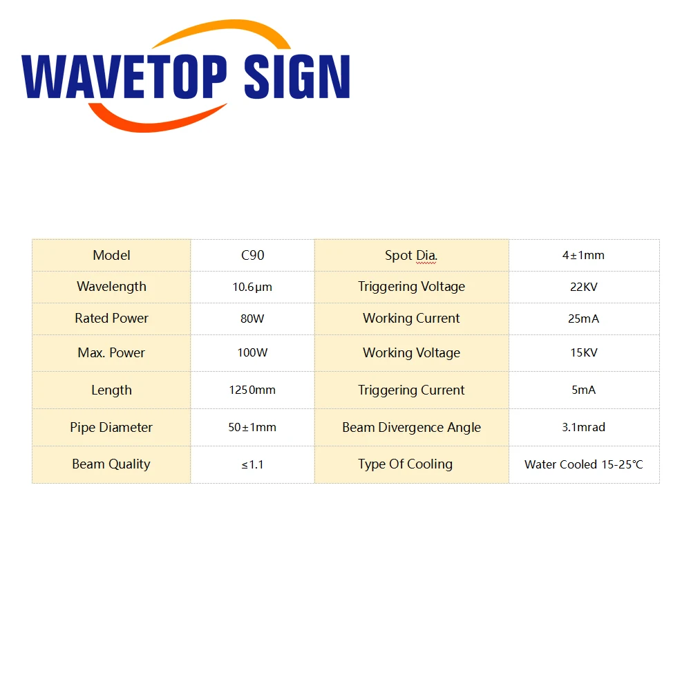 WaveTopSign Co2 Glass Laser Tube 1250mm 90W Diameter 80mm Glass Laser Lamp for CO2 Laser Engraving Cutting Machine