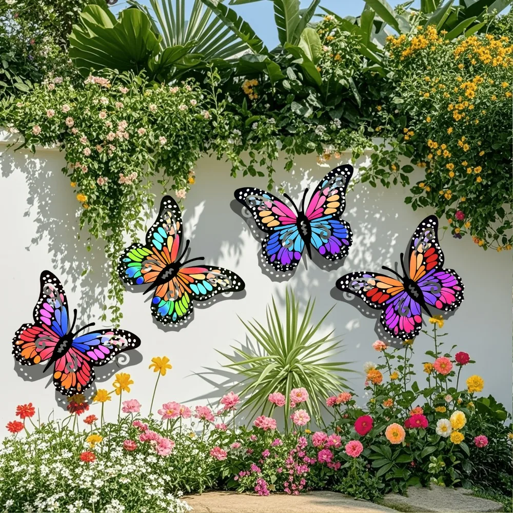 Four vibrant wrought iron butterflies with their three dimensional lively openwork design and saturated colors