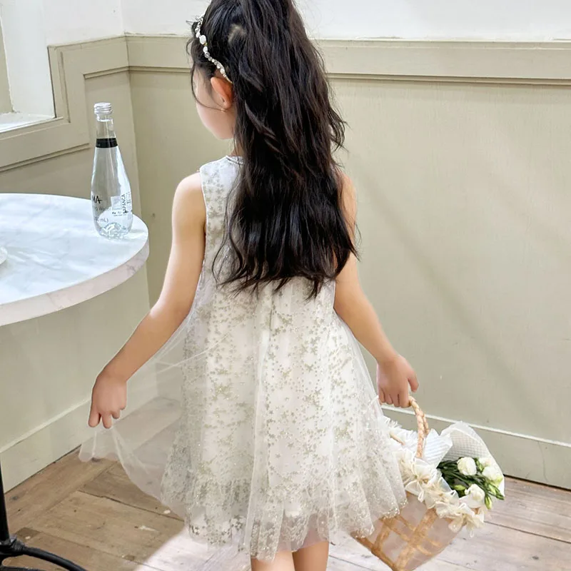 2023 Fashion Summer Girl Party Dress Princess Golden Stars Dress Children Mesh Dresses Teenager Girl Luxury Clothing