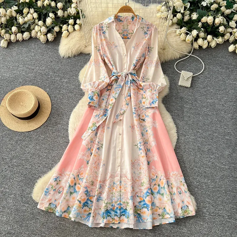 

Print Retro Chiffon Dress French Style Sashes A-line Spring Summer Slim Ladies Boho Classy Holiday Floral Maxi Dresses