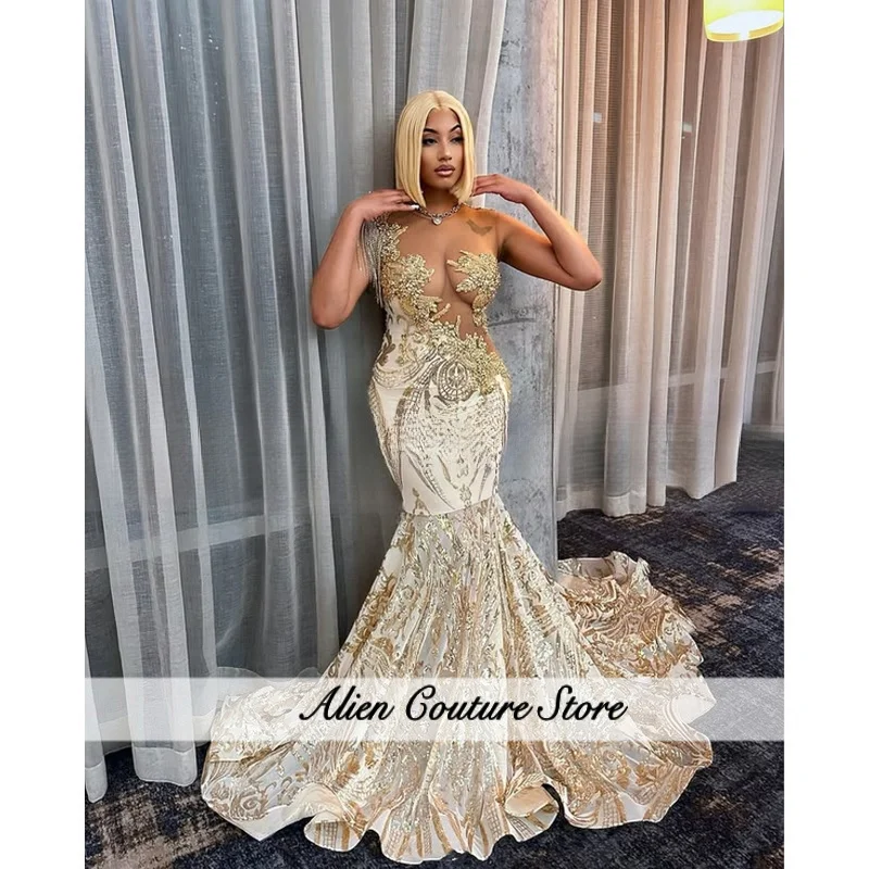 Sexy Champagne Mermaid Prom Dress Dazzling Sheer Mesh African Bridal Gowns Long Birthday Party Evening Gowns Customized