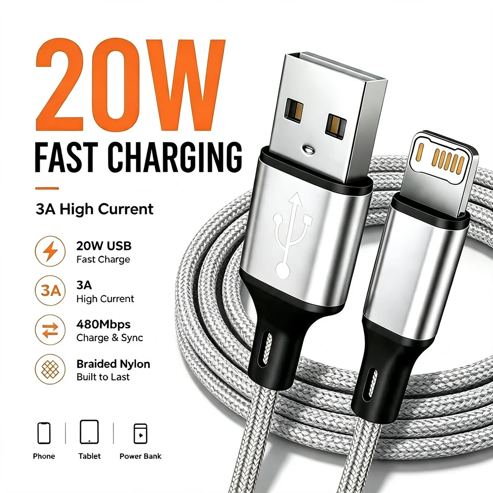 20W USB-A Fast Charge Braided Cable For iPhone 14 Plus 11 12 13 Mini 14 Pro Max X XR XS Max Rapid Charging Nylon Weaving Cables