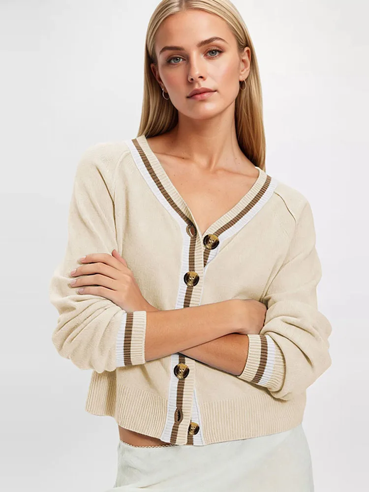Contrast V Neck Button Front Knit Cardigan Women Long Sleeve Cropped Preppy Style Autumn Daily Outerwear