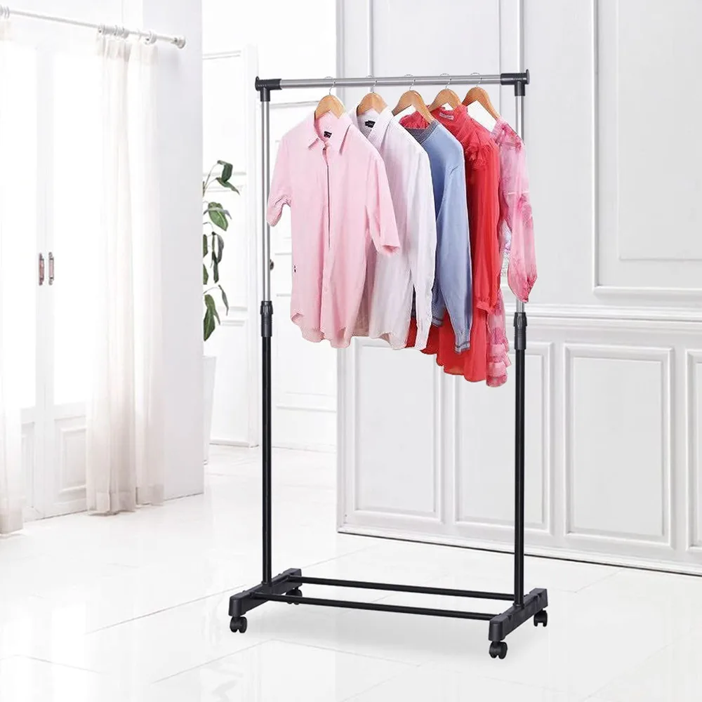 Garment Rack Home Floor Hanger Composite Tube Telescopic Drying Rack Indoor Adjustable Rolling Clothes Hanger