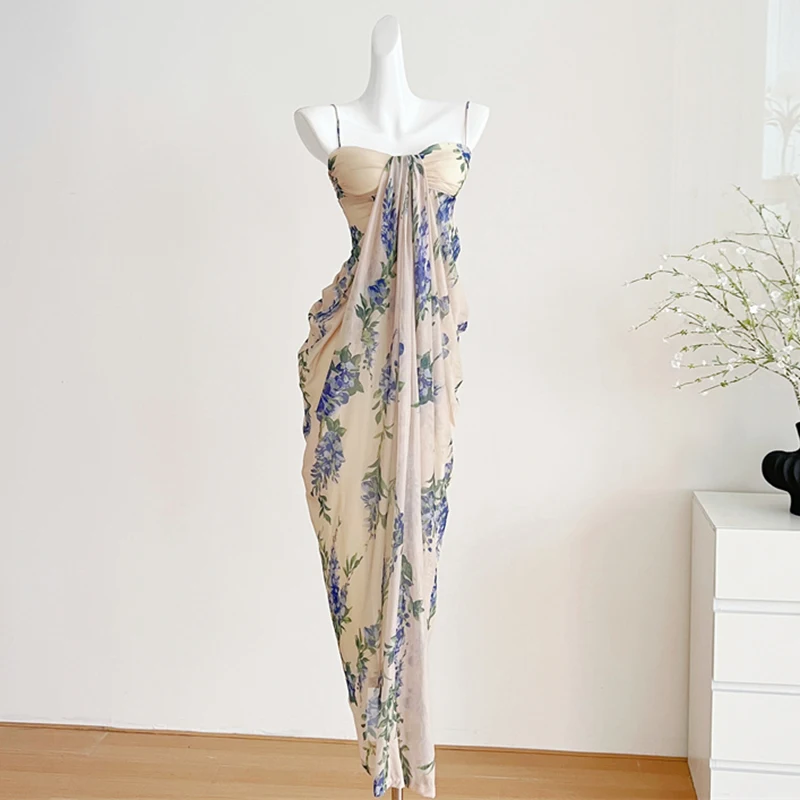 

Spaghetti Strap Dress Women Summer Beach Printed Floral Long Dress Elegant Vacation Maxi Dress Trendy 2025 New
