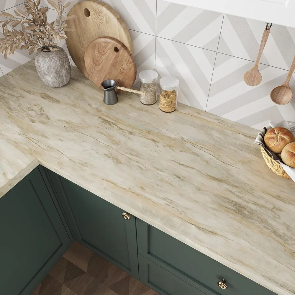 غطاء كونترتوب ذاتي اللصق مقاوم للماء بنمط رخامي بيج كبير مقاس 32 × 354 بوصة واقي سطح سميك