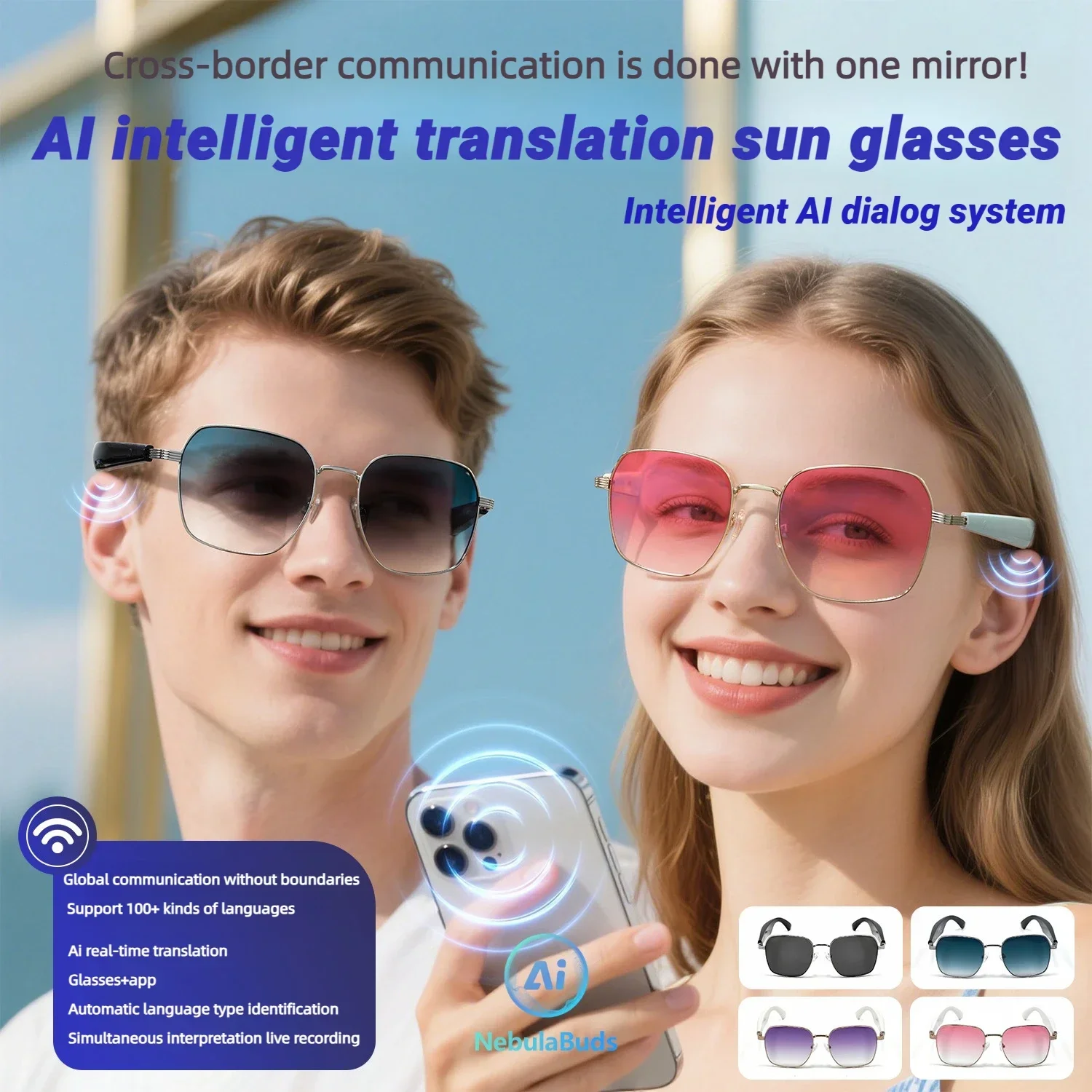 

KIZN AI Smart Bluetooth Glasses Progressive Prescription Sunglasses Over 100 Languages Translatior Real-time Myopia Eyeglass