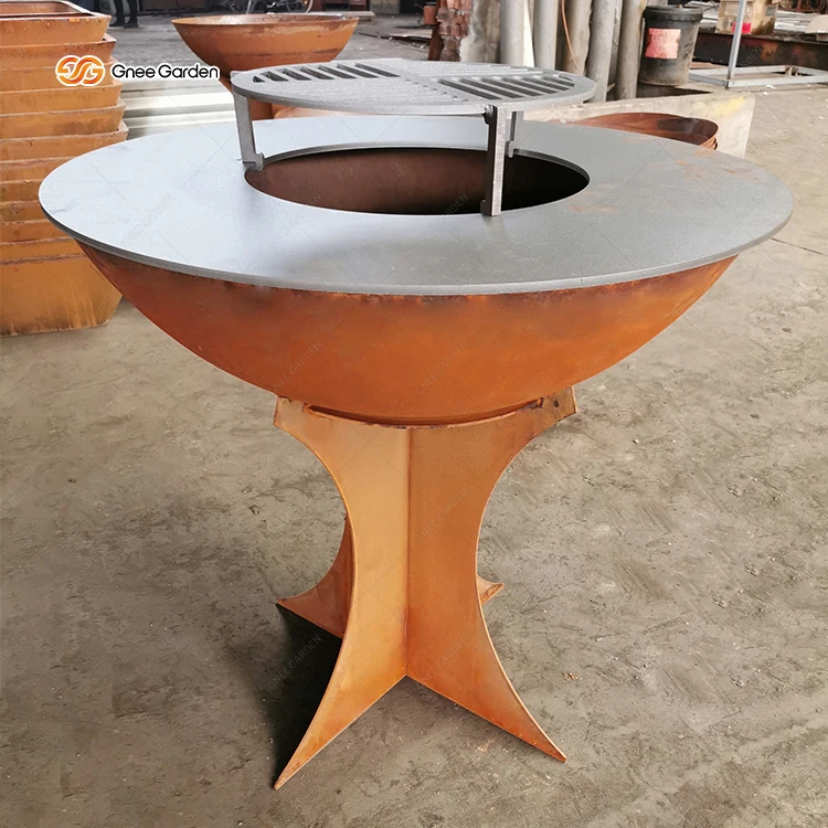 Modern Outdoor Corten Steel BBQ Grill Fire Pit Heavy Duty with Trolley