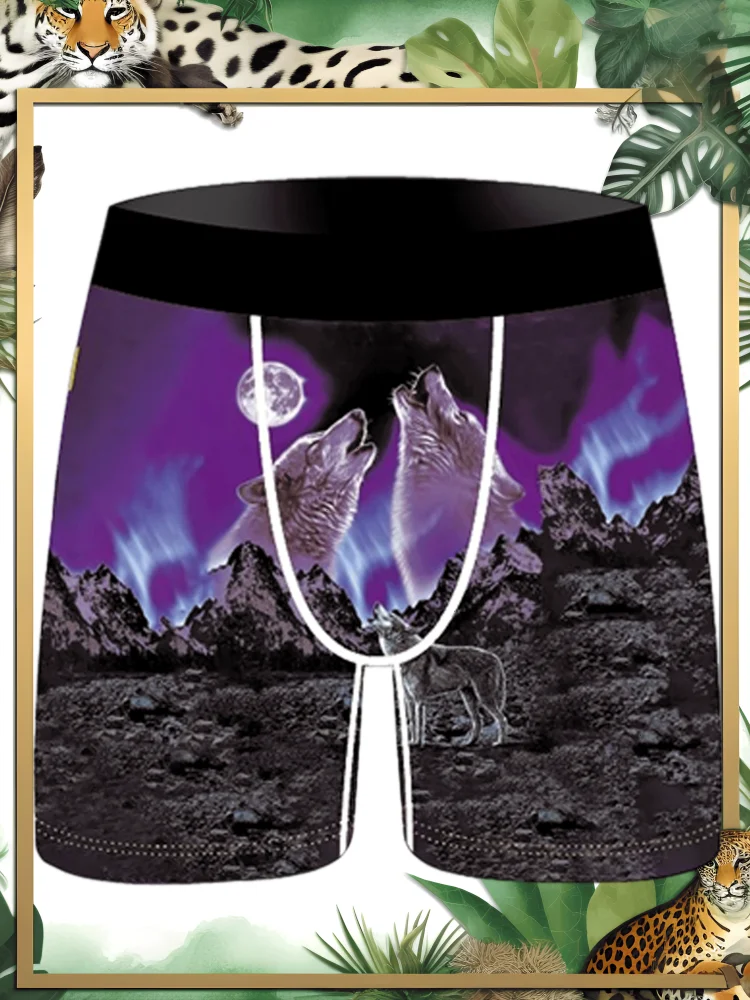 Wolf Roar Digital Print Purple Men's Loose Boxer Shorts Breathable Fast Drying High Elasticity Ice Silk Cool Men's Underwear